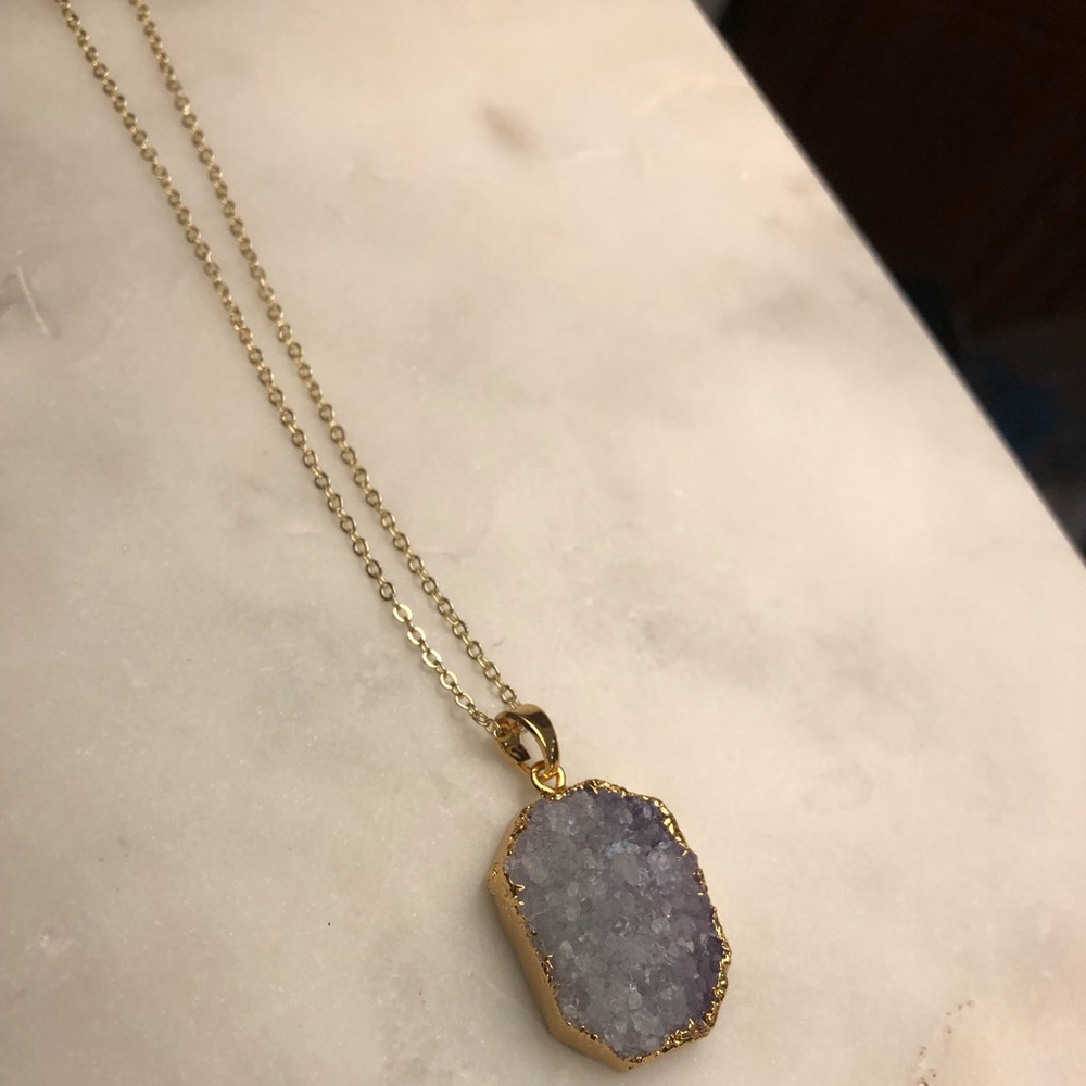 Gold necklace with purple amethyst druzy stone